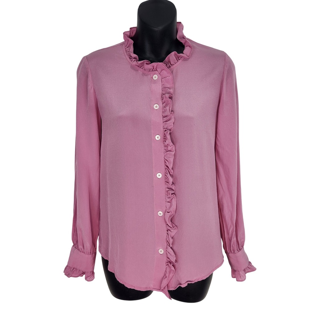 Boden Ruffle Neck 100% Silk Button Down Blouse Womens Size‎ US 4 Pink T1483